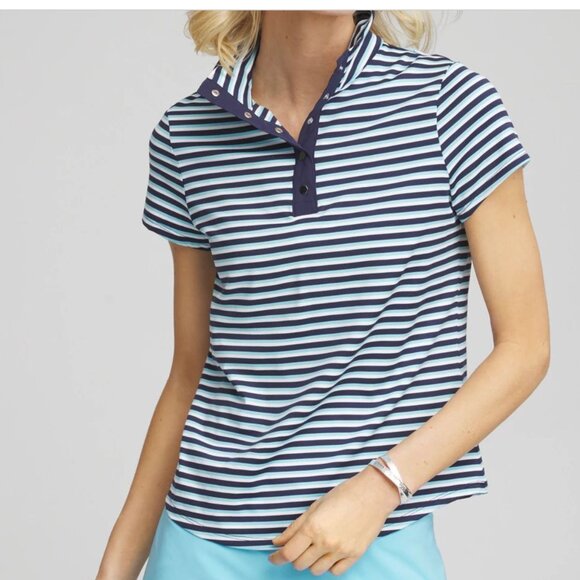 Chico's Zenerty UPF Stripe Snap Mock neck Polo size 00 in Paradiso BLue - Picture 2 of 4